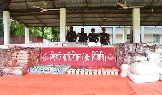 সিলেটে বিজিবির অভিযানে ৪ কোটি ৬৩ লাখ টাকার চোরাই মালামাল জব্দ