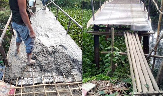 রডের পরিবর্তে বাঁশের চেরা দিয়ে ব্রিজের ঢালাই