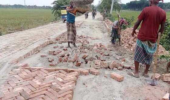 কালীগঞ্জে সড়কে পিচ পাথর খুড়ে তৈরি হচ্ছে ইটের রাস্তা