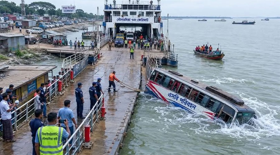 দৌলতদিয়ায় আবারও নদীতে পড়ল বাস, চালক-সহকারী উদ্ধার