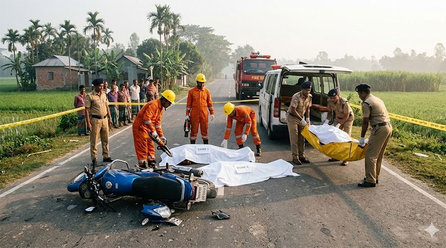 দিনাজপুরে মোটরসাইকেলে ট্রাকচাপা, ঘটনাস্থলেই ৩ আরোহীর মৃত্যু