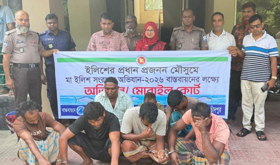 চাঁদপুর মেঘনায় নিষিদ্ধ সময়ে মা ইলিশ শিকার: ১০ জেলে আটক, জাল ও নৌকা জব্দ