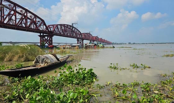 পদ্মায় পানি কমছে তবে চরাঞ্চলের ফসলি মাঠ এখনও পানির নিচে